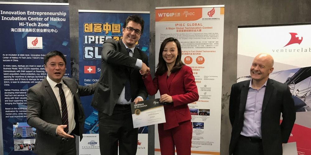 WTOIP senior vice-president Edmont Rao, Medyria CTO Mauro Sette, Haikou National High-Tech Incubator Operation Co. senior manager Zhiyi Wang, and Venturelab managing partner Jordi-Montserrat.